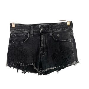 American Eagle 2 Black Gray Hi Rise Shortie Jean Shorts Lace Applique Fray Hem